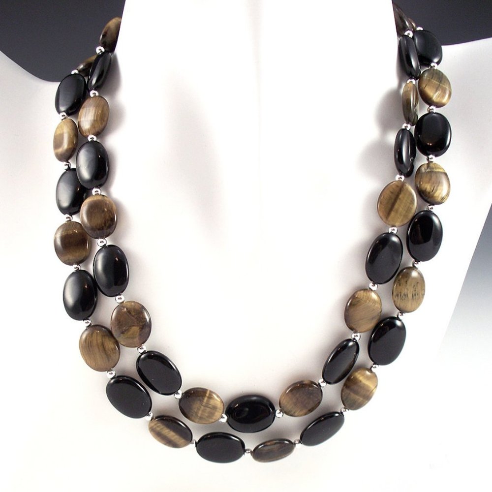 Onyx, Tiger Eye, and Sterling Silver Necklace